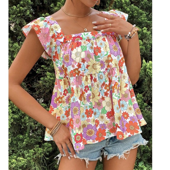 Boho Floral Print Ruffle Cap Sleeve Flowy Blouse - Picture 3 of 4